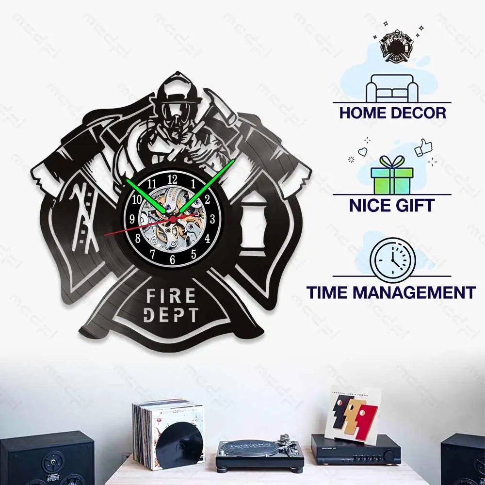 Fire Department Vinyl Record Wall Clock Various Types with LED Option