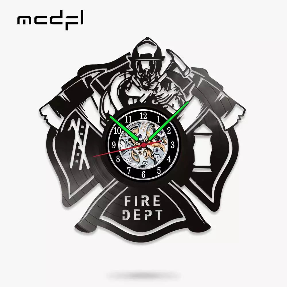 Fire Department Vinyl Record Wall Clock Various Types with LED Option