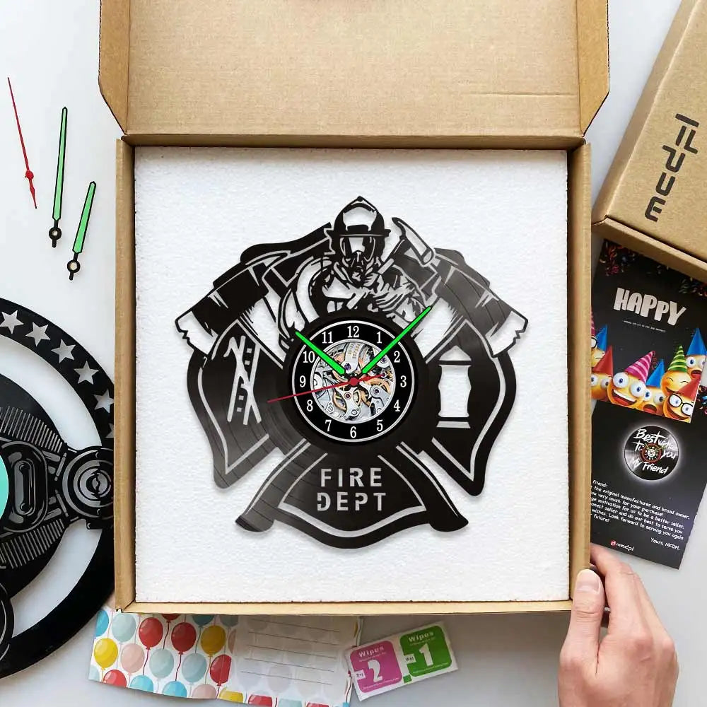 Fire Department Vinyl Record Wall Clock Various Types with LED Option