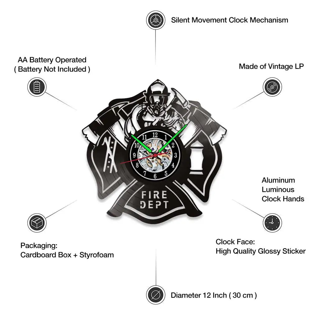 Fire Department Vinyl Record Wall Clock Various Types with LED Option